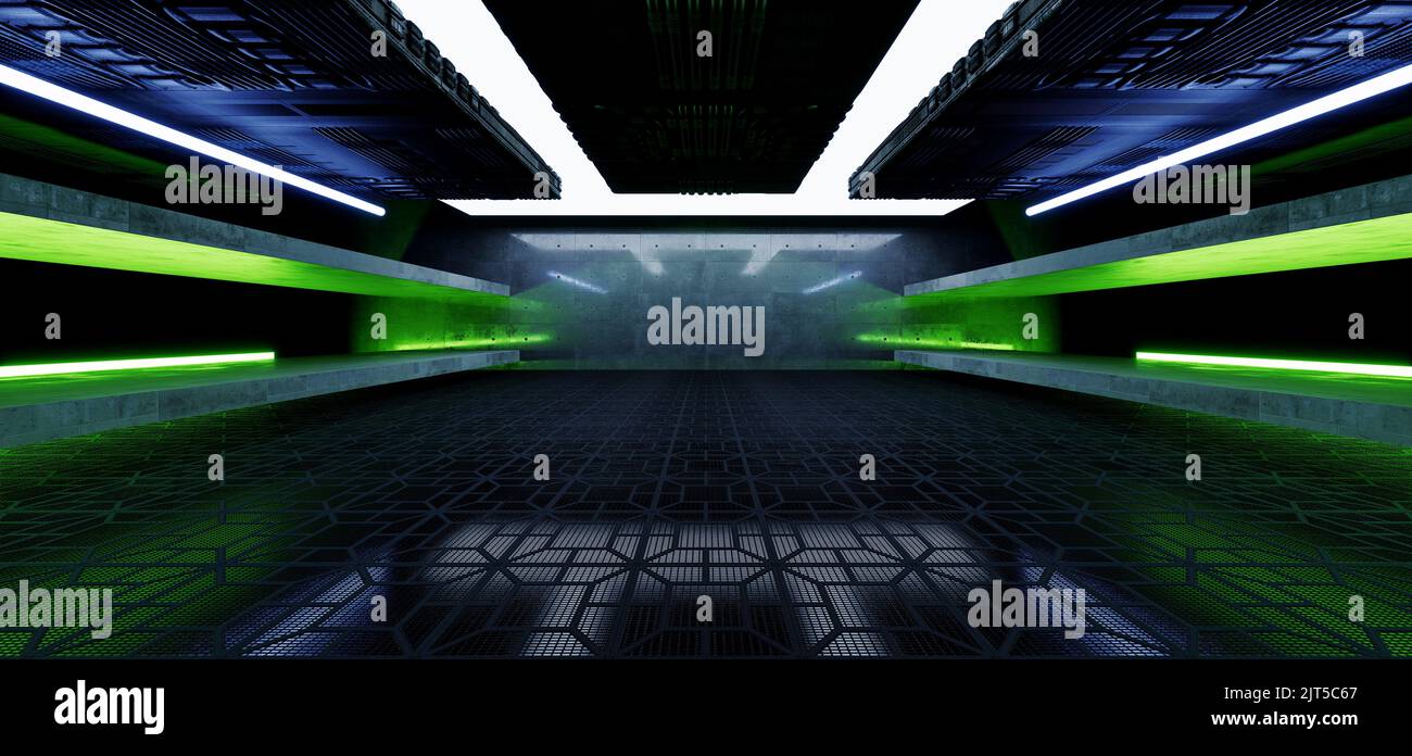 Sci Fi Futuristic Cyber Alien Spaceship Laser Green Blue Glowing Lines Metal Mesh Floor Concrete Columns Corridor Tunnel Dark Showroom Hallway 3D Rend Stock Photo