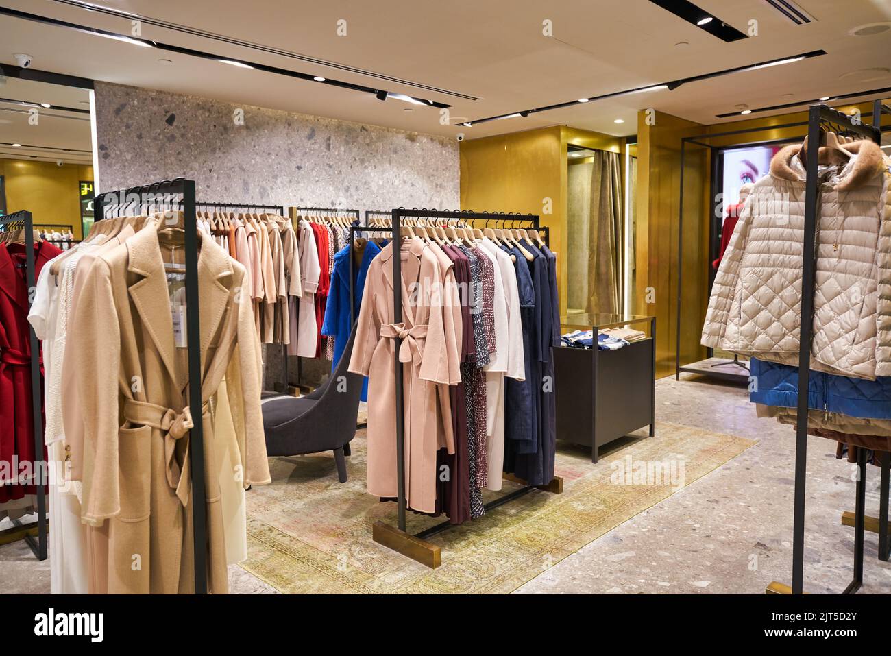 SINGAPORE - CIRCA JANUARY, 2020: clothes on display at Max Mara store ...