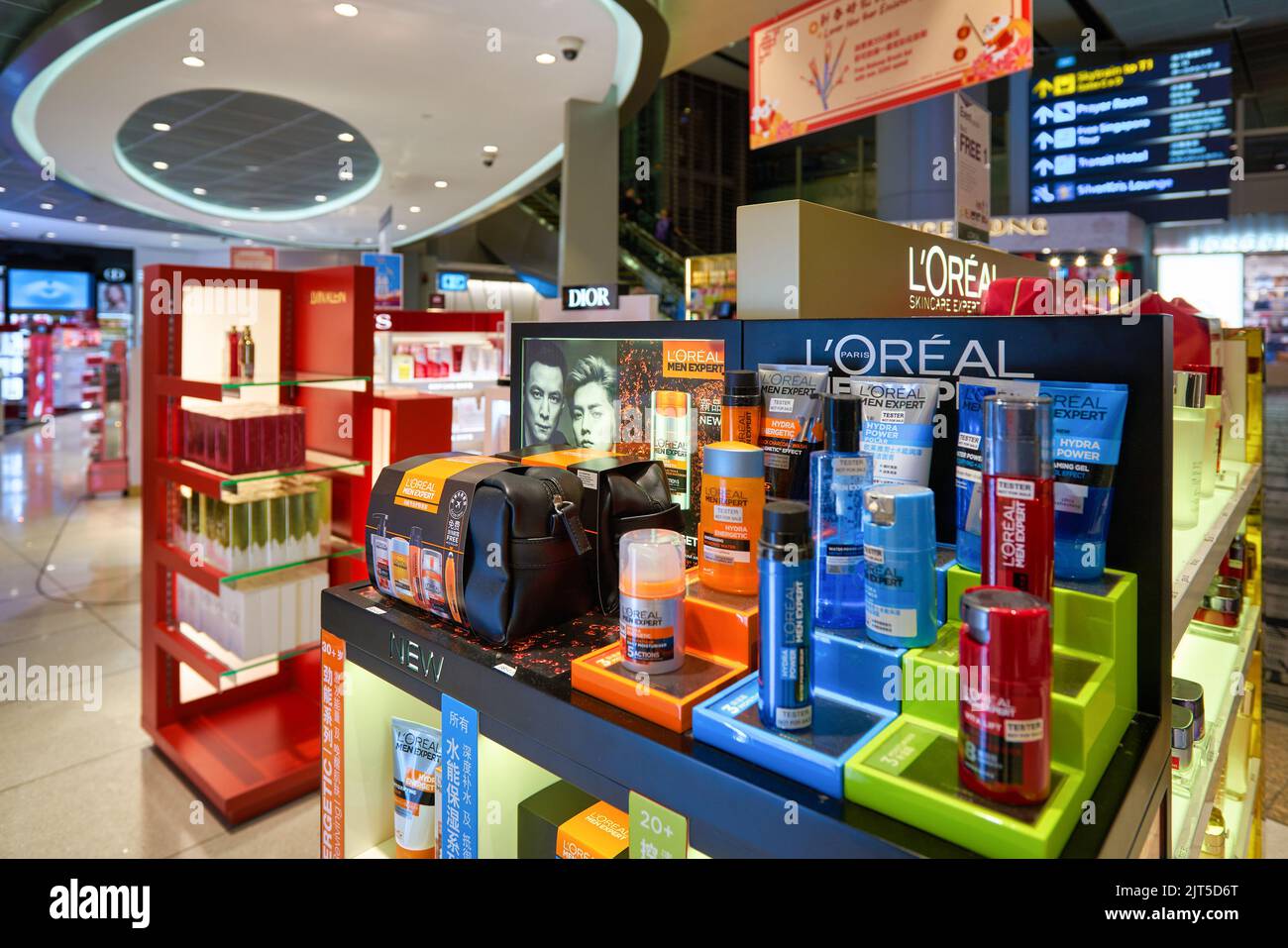 SINGAPORE - CIRCA JANUARY, 2020: L'Oreal personal care products on display at store in Changi Airport. Stock Photo