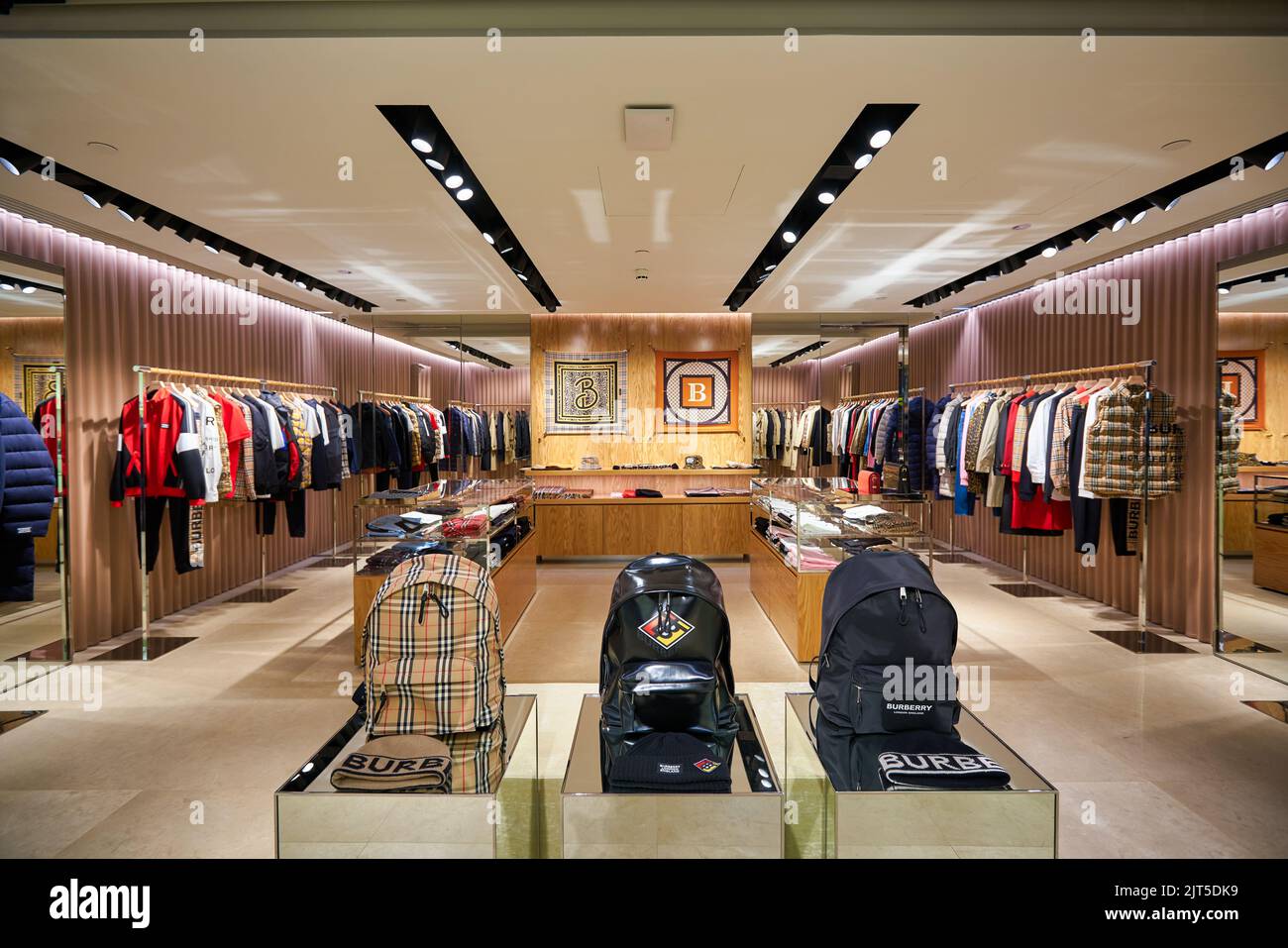 SINGAPORE - CIRCA JANUARY, 2020: interior shot of Burberry store in Singapore Changi Airport. Burberry Group PLC is a British luxury fashion house hea Stock Photo