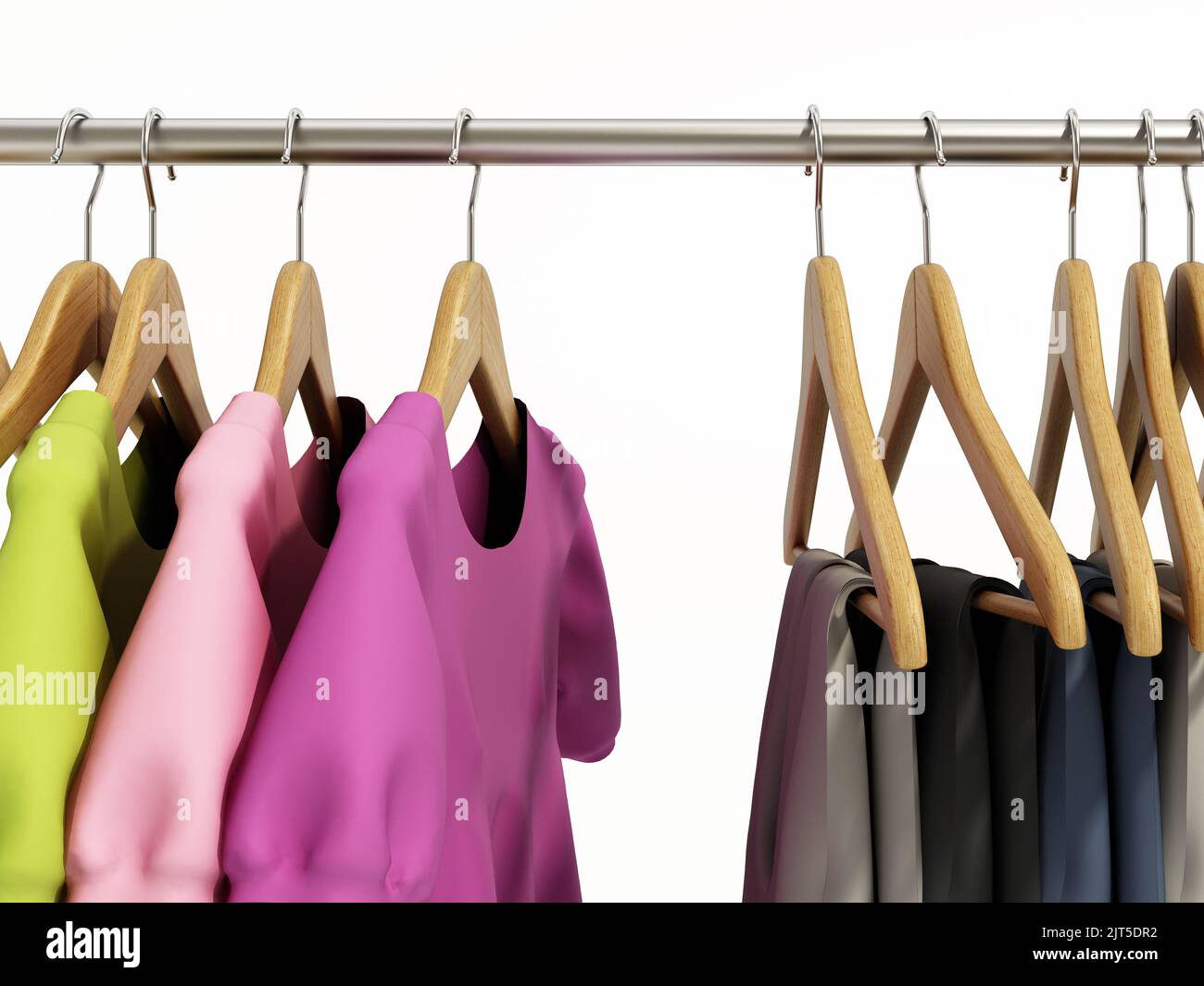 Wooden cloth hangers with clothes on the bar. 3D illustration. Stock Photo