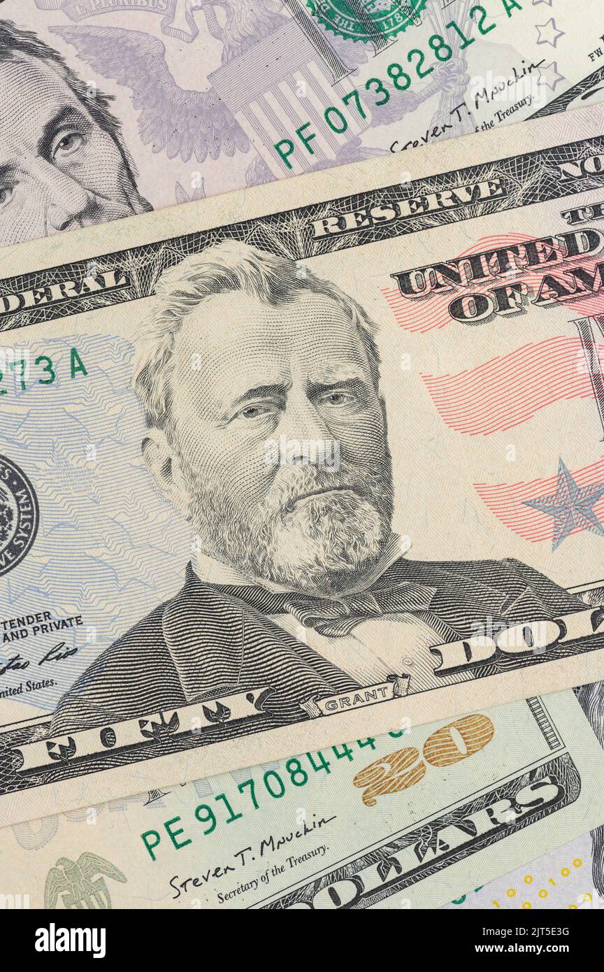 Close up of new fifty dollar bill. Macro close up of Ulysses S. Grant. 50 dollar bill. Stock Photo