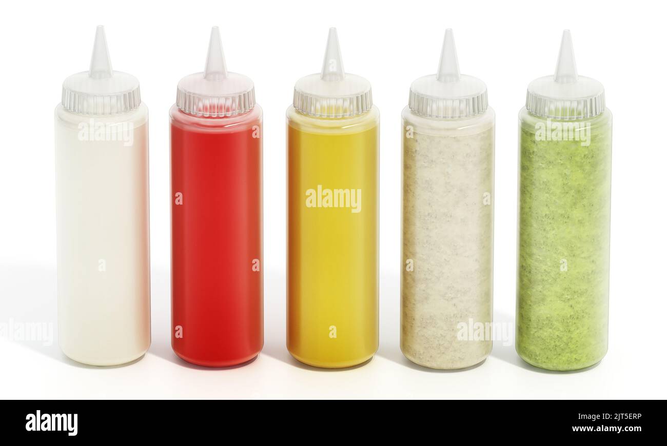 Various sauces inside plastic food squeeze bottles. 3D illustration. Stock Photo