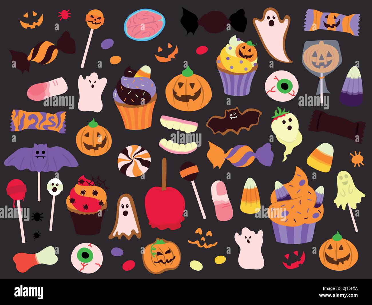 Halloween celebration related candies, desserts and sweets. Collection of hand drawn, vector cartoon illustrations. Stock Vector