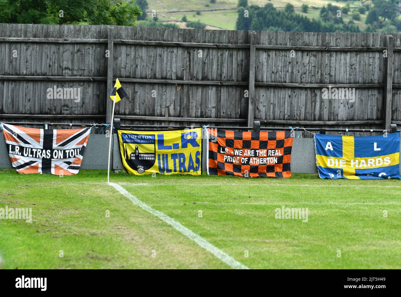 Banners showing support for Atherton LR Football team at the match against New Mills. Stock Photo