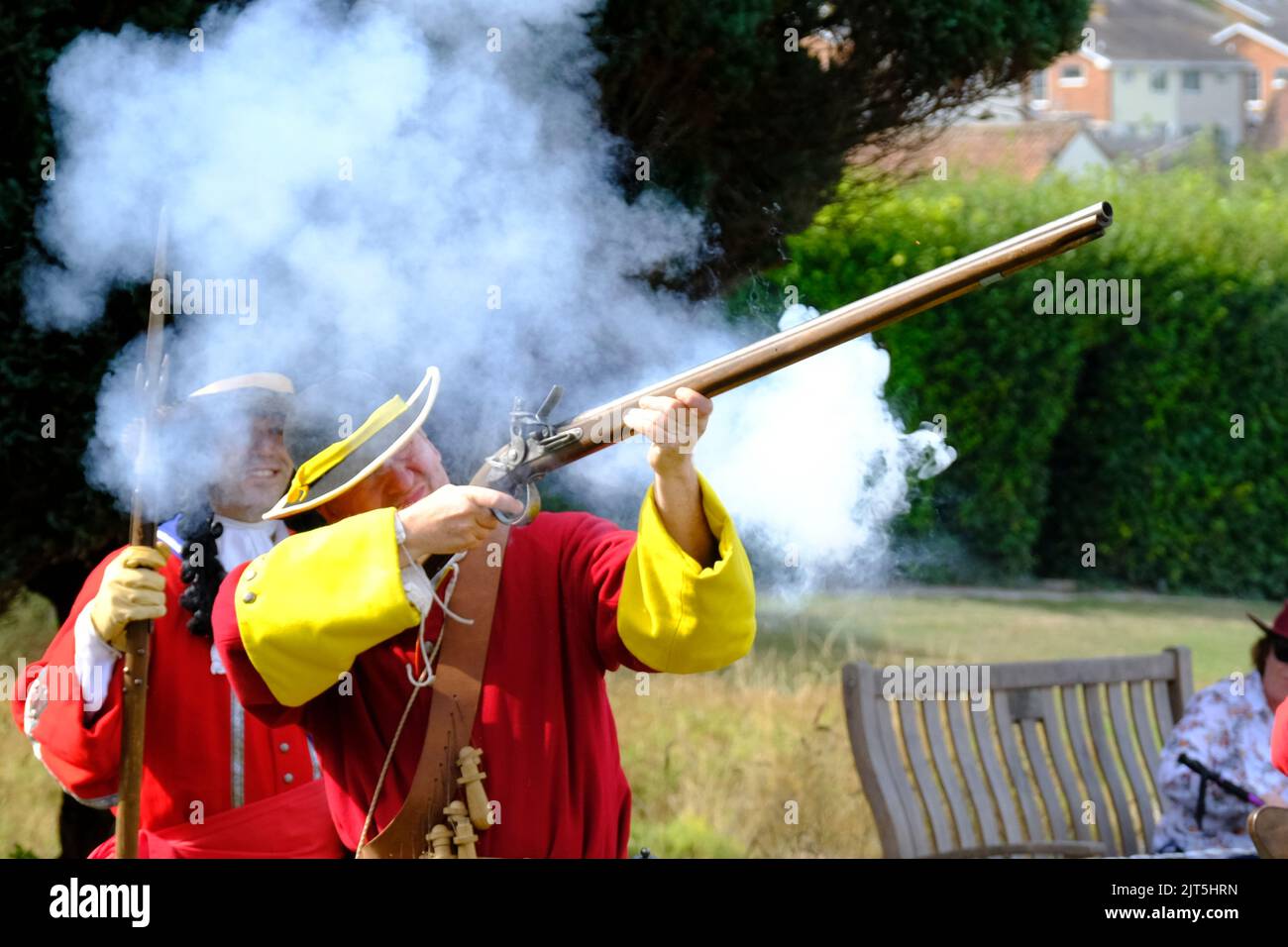 Glastonbury, UK. 28th Aug, 2020. Members of the Taunton Garrison re-enact the 1785 Monmouth Rebellion at Glastonbury Abbey. Taunton Garrison are enthusiasts who provide living history and military demonstrations. Credit: JMF News/ Alamy Live News Stock Photo