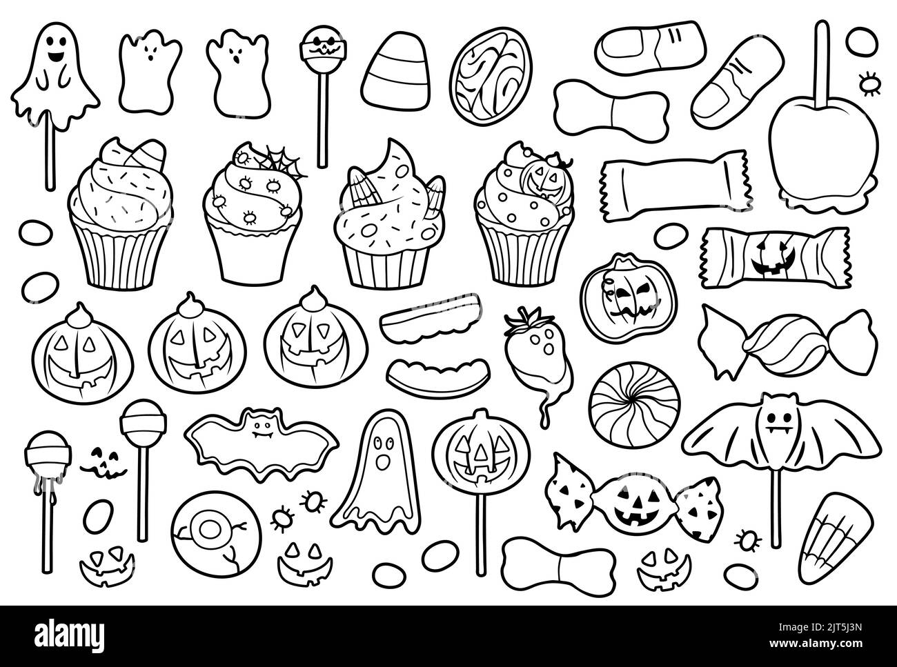 Halloween celebration related candies, desserts and sweets. Collection of hand drawn, vector cartoon illustrations. Stock Vector