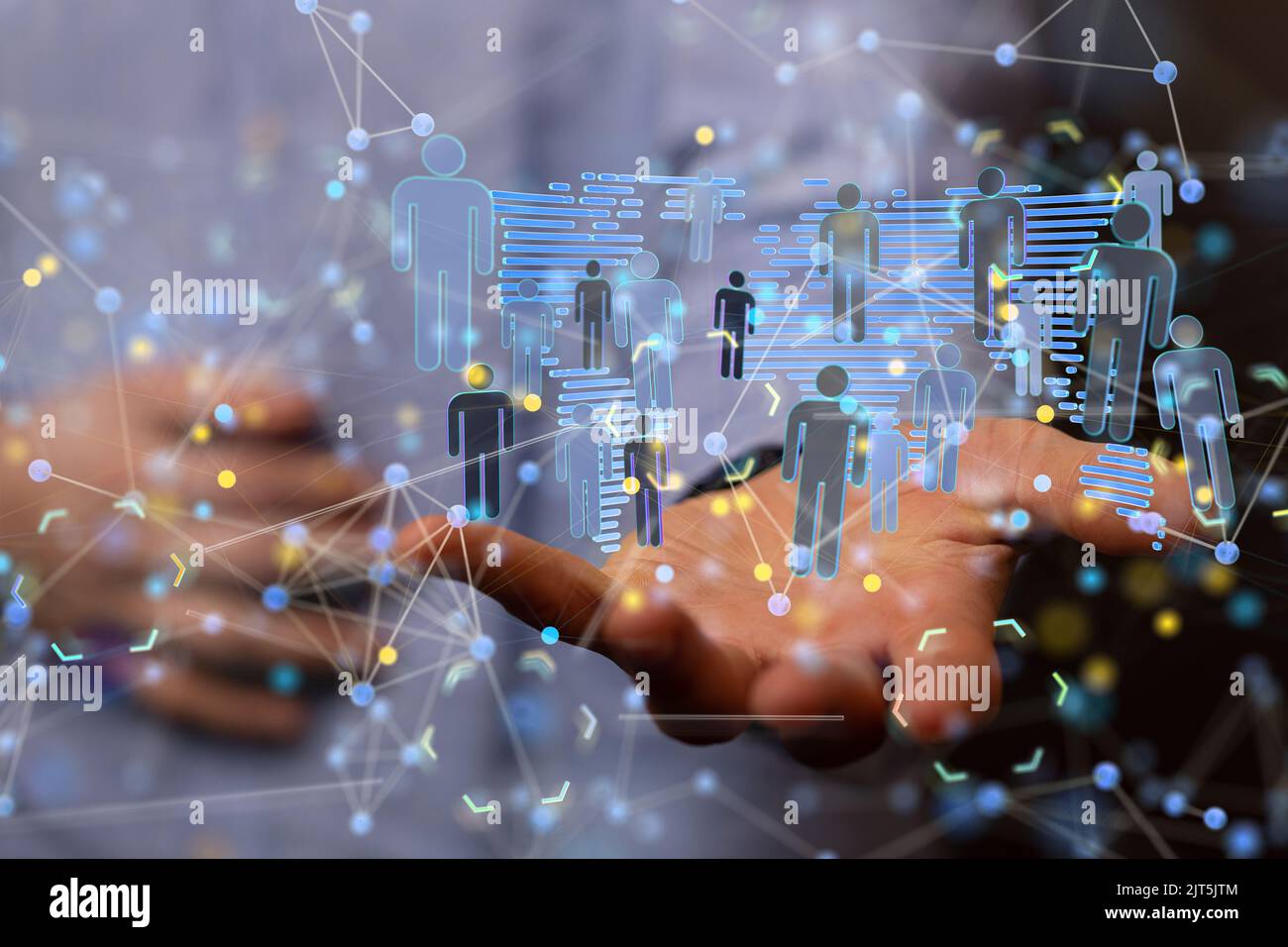 A 3D rendered global network hovering in mans hand Stock Photo - Alamy