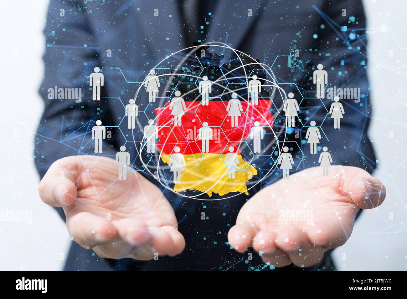 A 3D rendered global network hovering in mans hand Stock Photo - Alamy