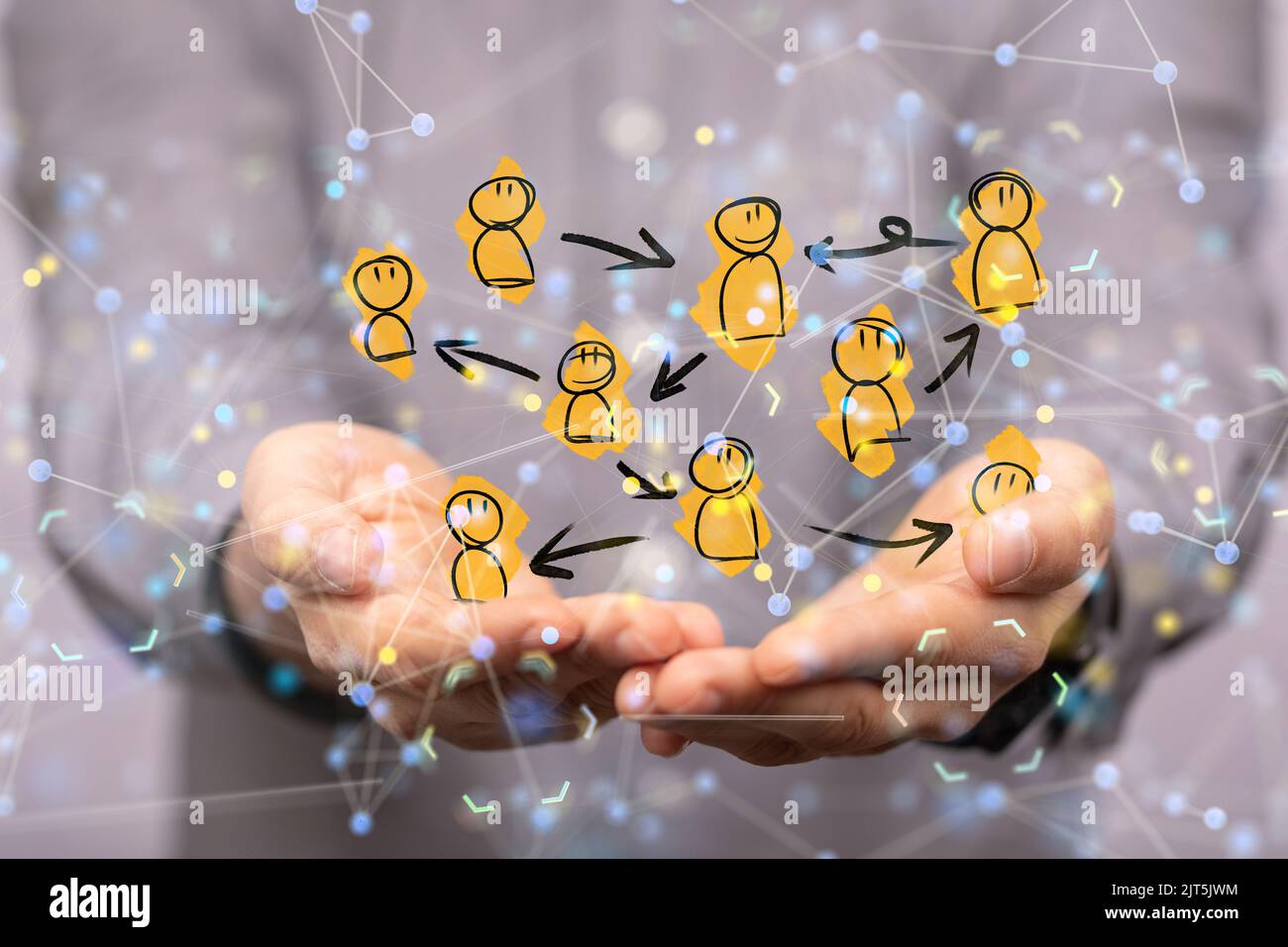 A 3D rendered global network hovering in mans hand Stock Photo - Alamy