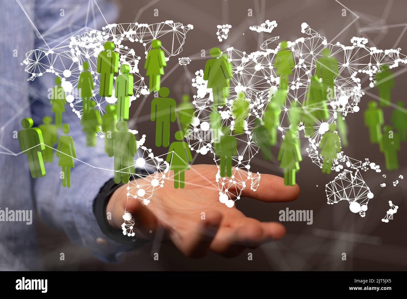 A 3D rendered global network hovering in mans hand Stock Photo - Alamy