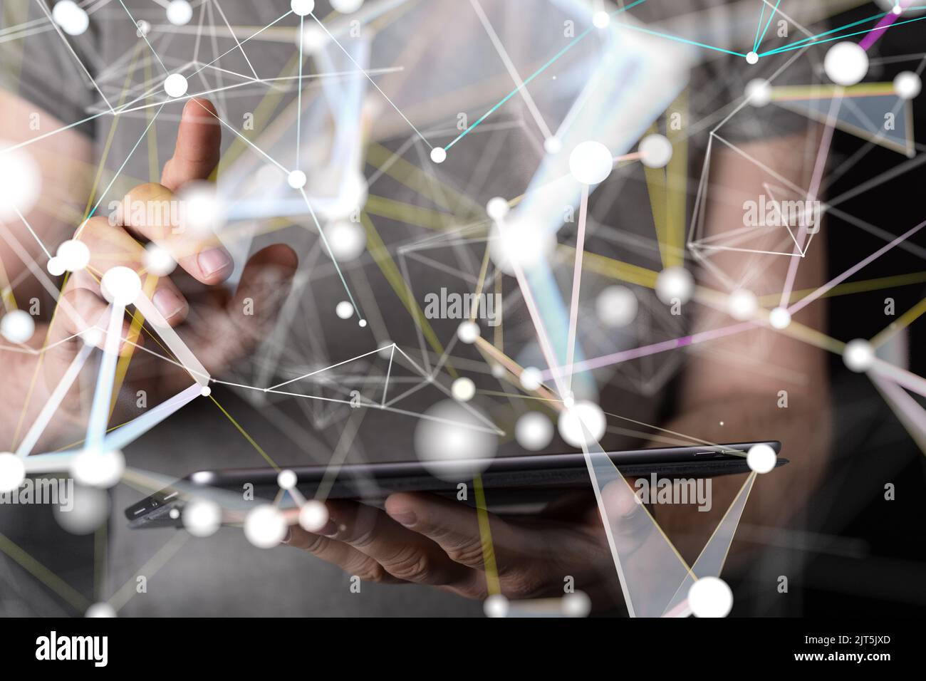 A 3D rendered global network hovering in mans hand Stock Photo - Alamy