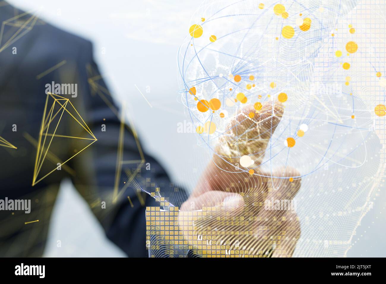 A 3D rendered global network hovering in mans hand Stock Photo - Alamy