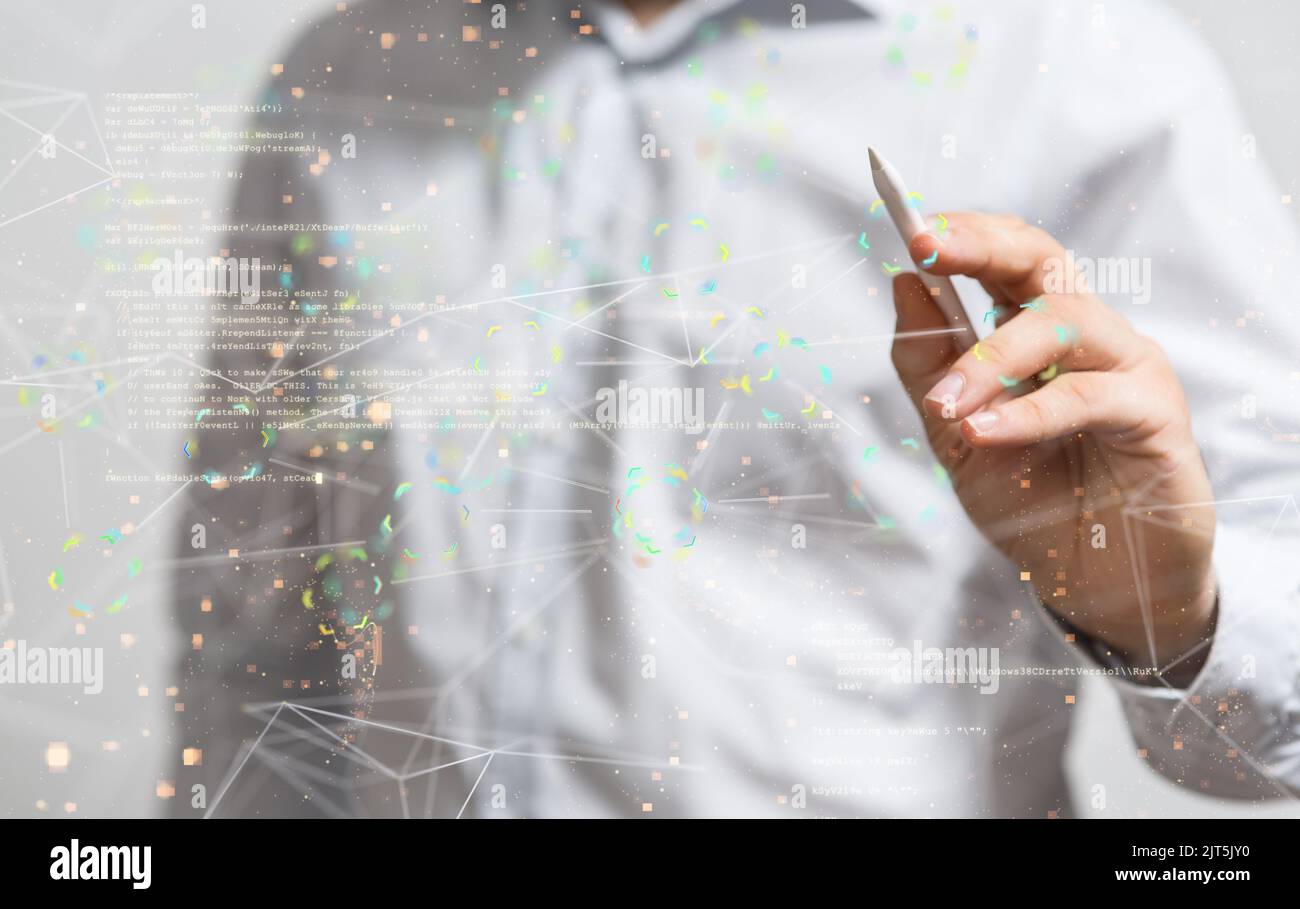 A 3D rendered global network hovering in mans hand Stock Photo - Alamy