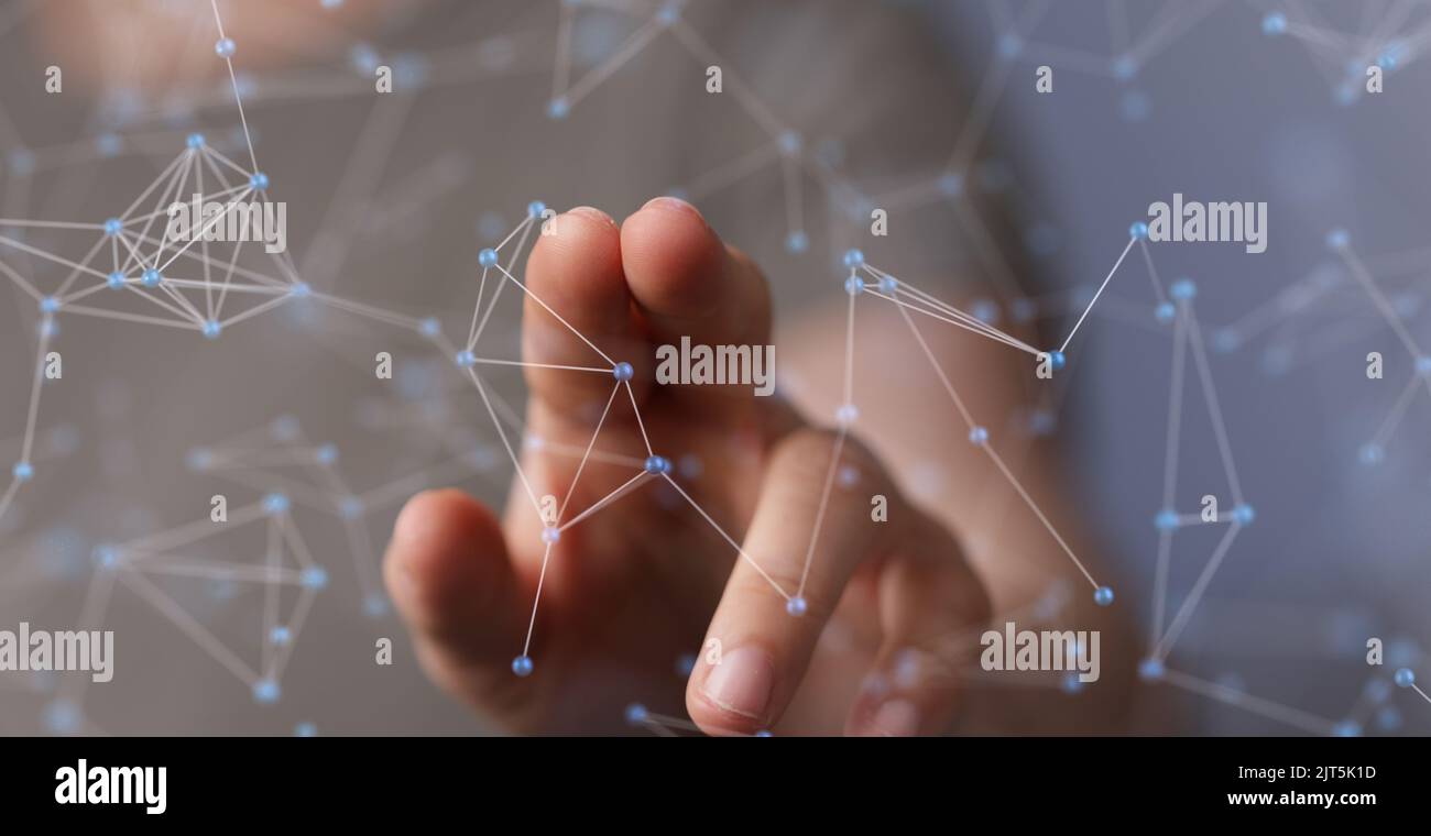 A 3D rendered global network hovering in mans hand Stock Photo - Alamy