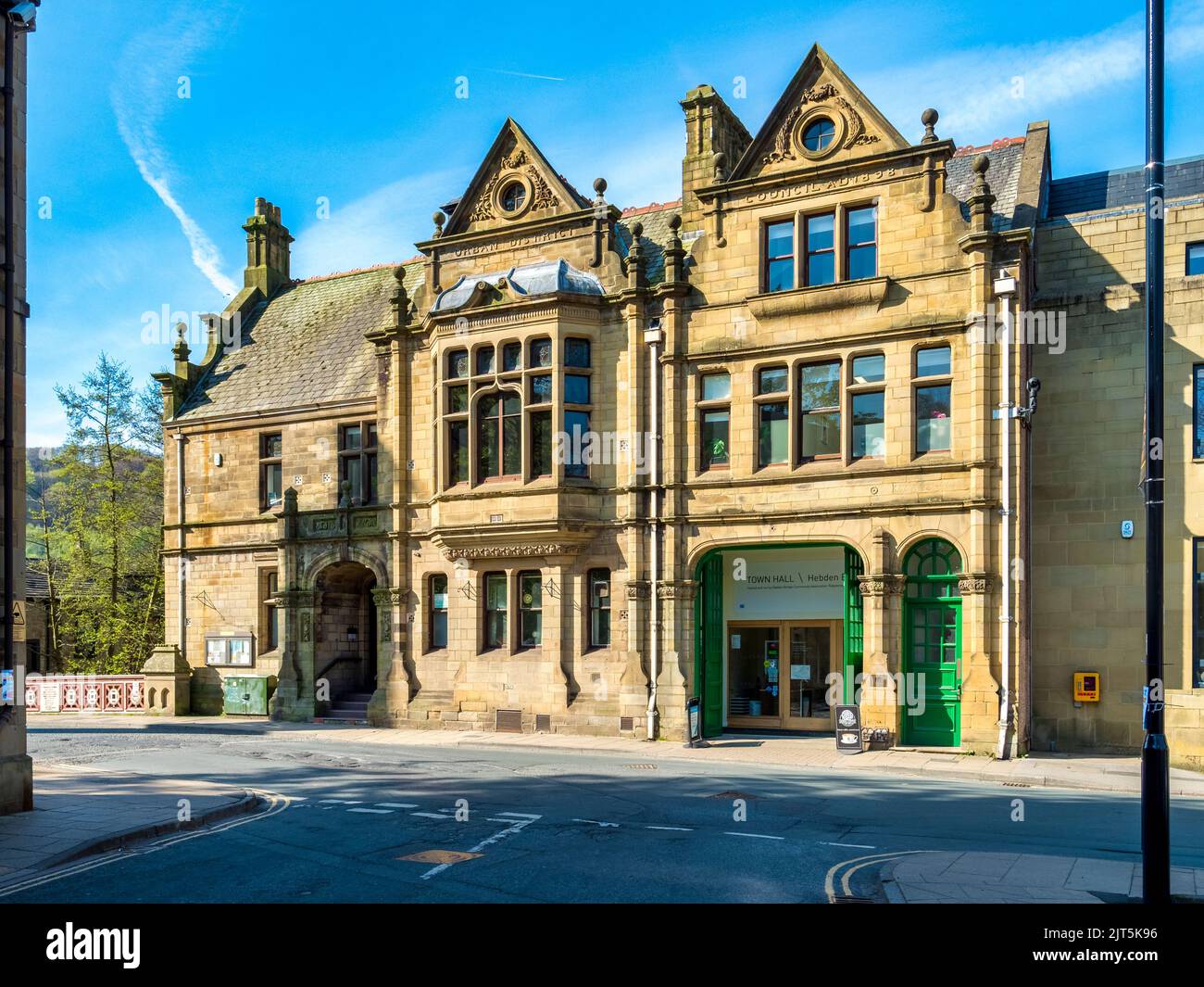 30 April 2022: Hebden Bridge, West Yorkshire, UK - Hebden Bridge Town Hall, a Grade II Listed Building, dating from 1898. Stock Photo