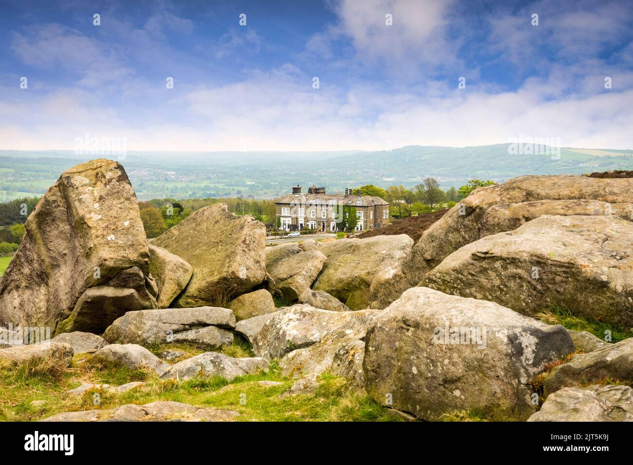 6 May 2022: Ilkley Moor, West Yorkshire, UK - The Cow and Calf, roadside pub and hotel on Ilkley Moor near the rock formations with the same name. See Stock Photo