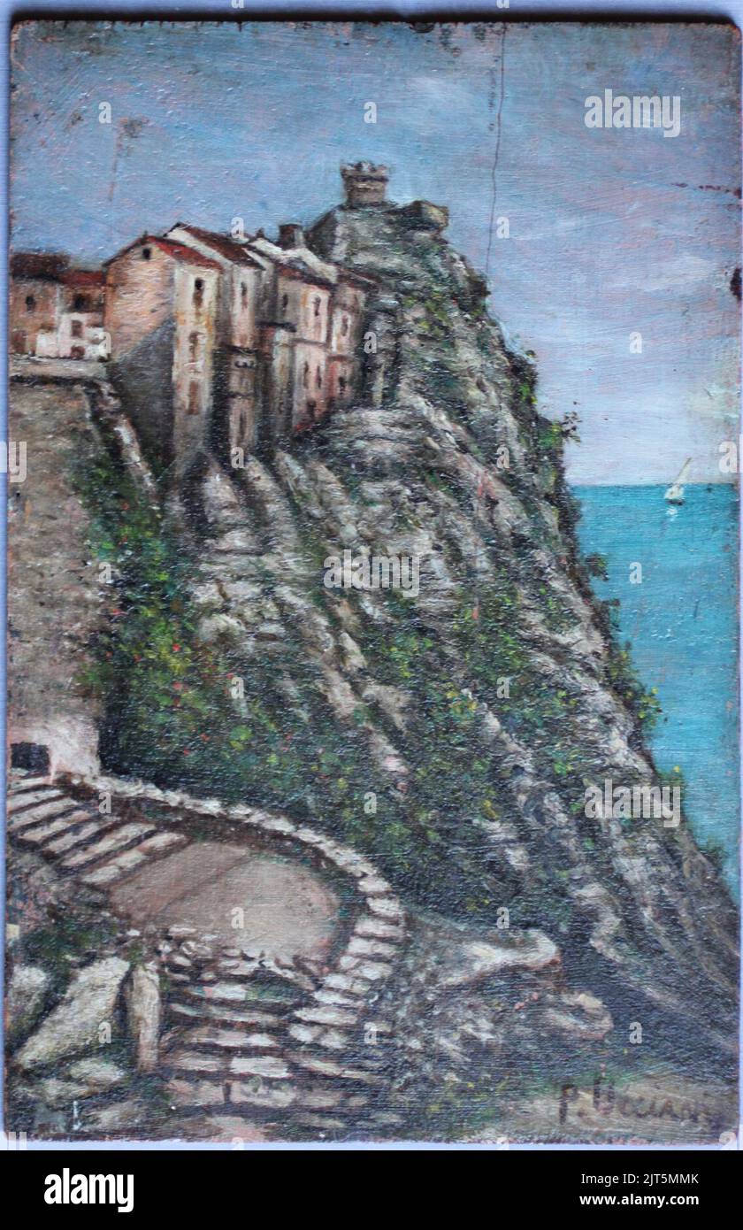 Ucciani.Pierre (tabl) Corse, Cap Corse, Nonza, le rocher et la tour Génoise (huile sur bois) Coll. particulière Cap Corse. Stock Photo