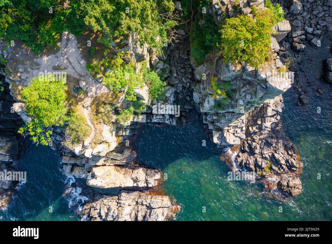 Aerial view on Sanctuary Cliffs of the northern coast of Bornholm island Helligdomsklipperne