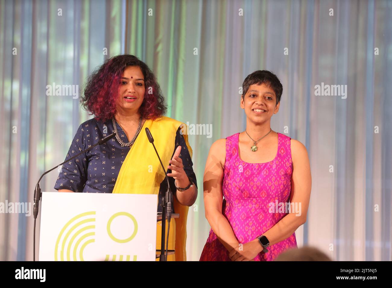 28 August 2022, Thuringia, Weimar: The artists Nimi Ravindran (l),and Shiva Pathak from India receive the Goethe-Institut's Goethe Medal 2022. The medal honors individuals who have made a special contribution to international cultural exchange or the teaching of the German language. It is awarded annually on the birthday of the poet Johann Wolfgang von Goethe. Photo: Bodo Schackow/dpa Stock Photo