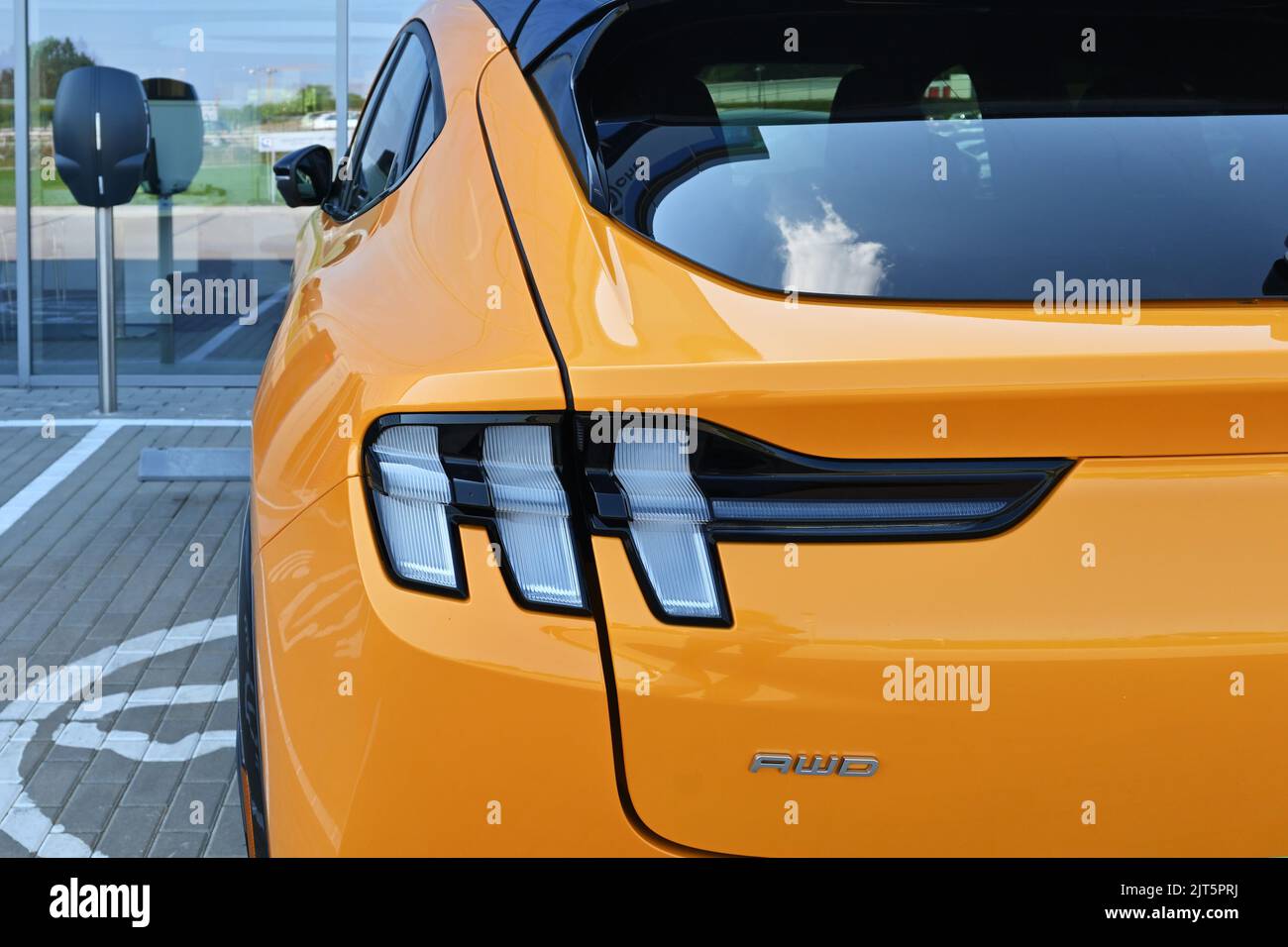 Gdansk, Poland - August 27, 2022: Rear lights of new model of Ford Mustang Mach-E electric SUV presented in the car showroom of Gdansk Stock Photo