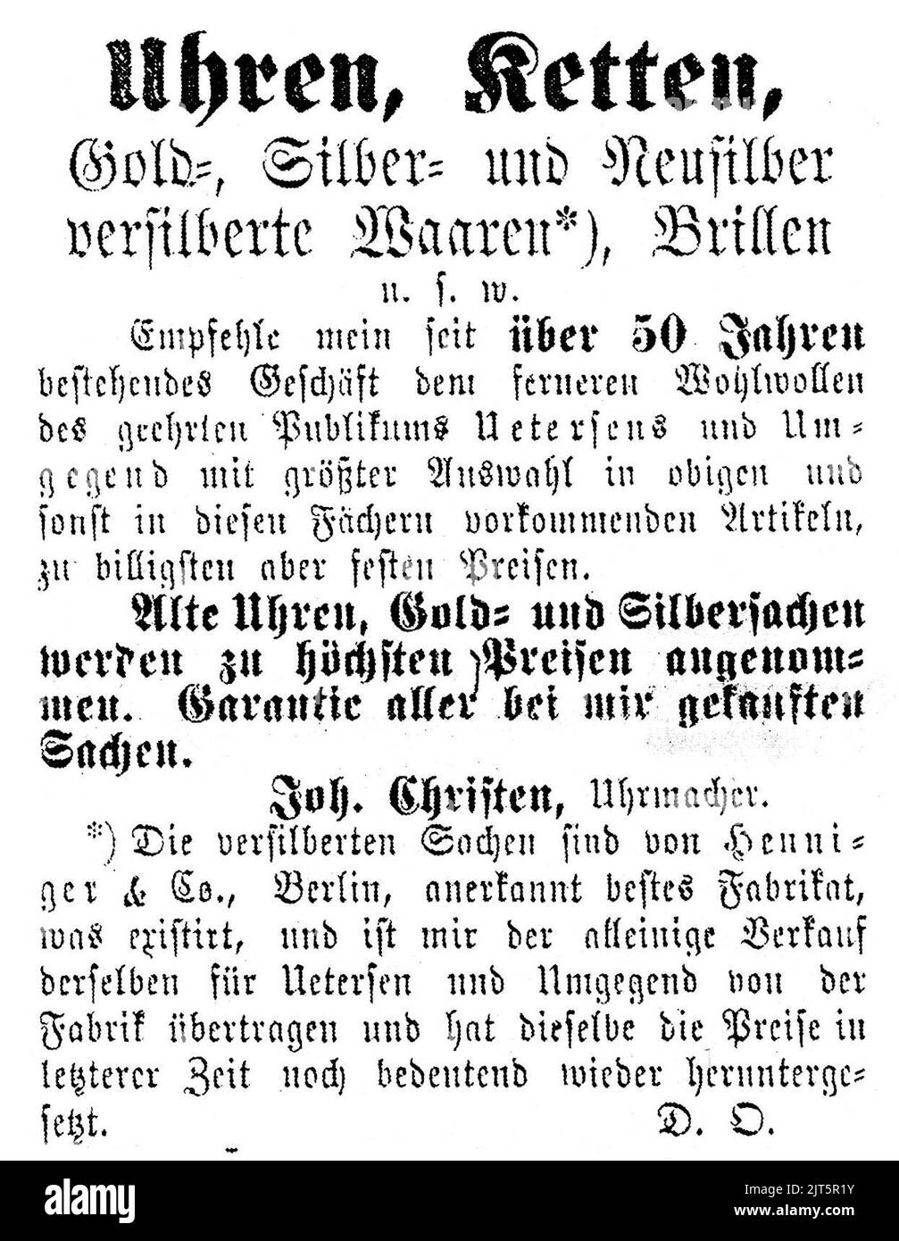 Uetersen Anzeige Joh. Christen Uhrmacher 1886. Stock Photo