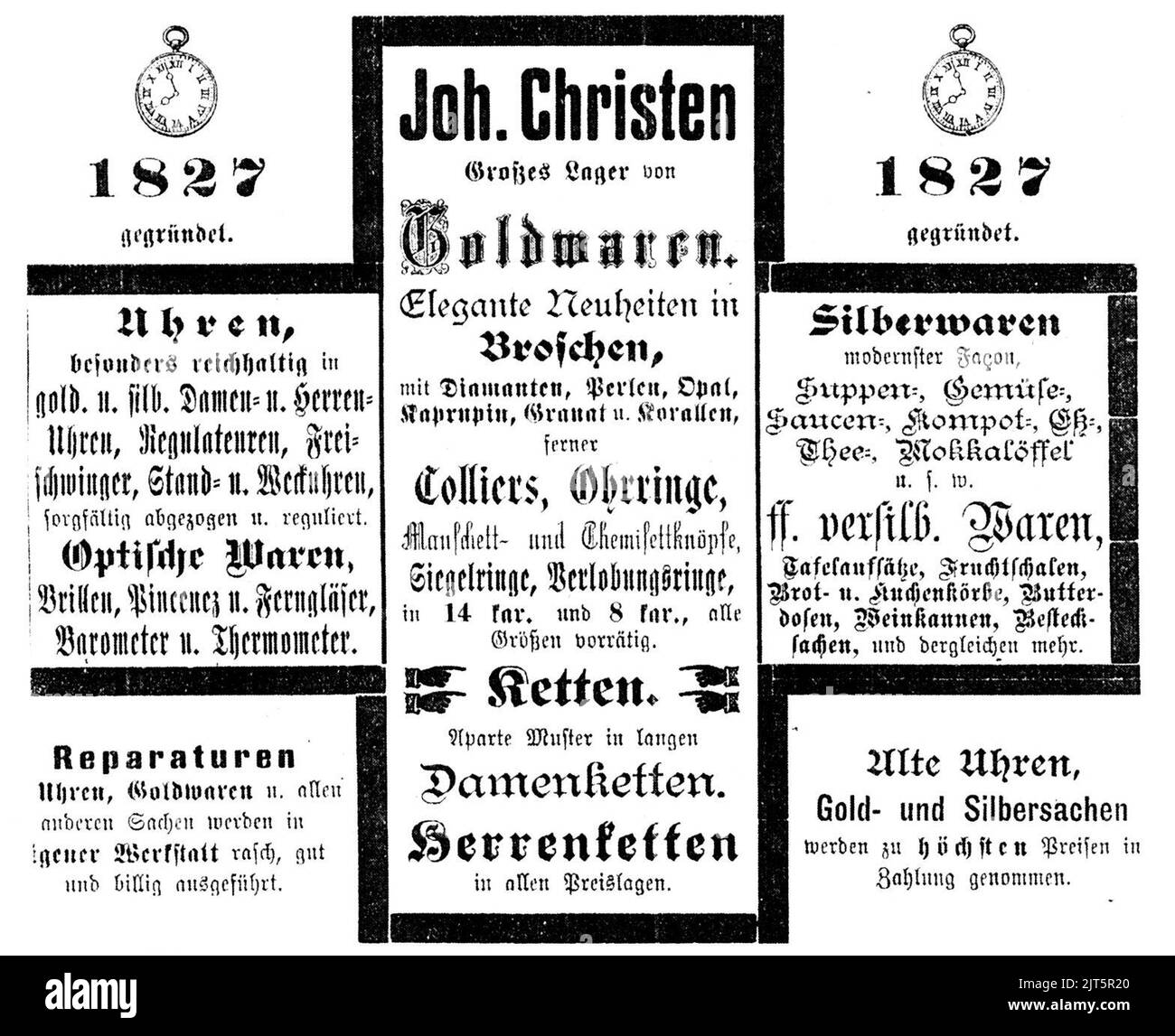 Uetersen Anzeige Joh. Christen Uhrmacher 1900. Stock Photo