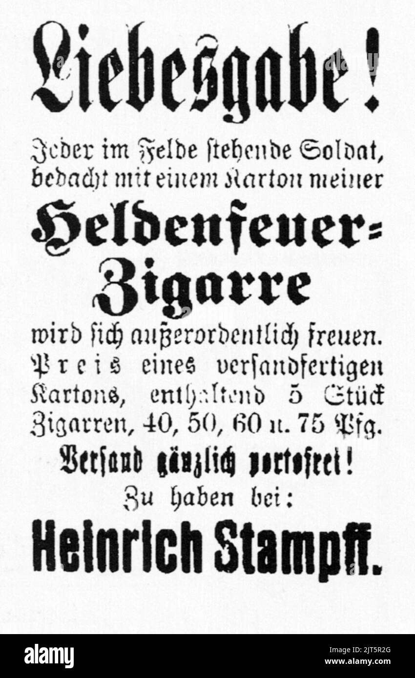 Uetersen Anzeige Heldenfeuerzigarre Aug. 1914. Stock Photo