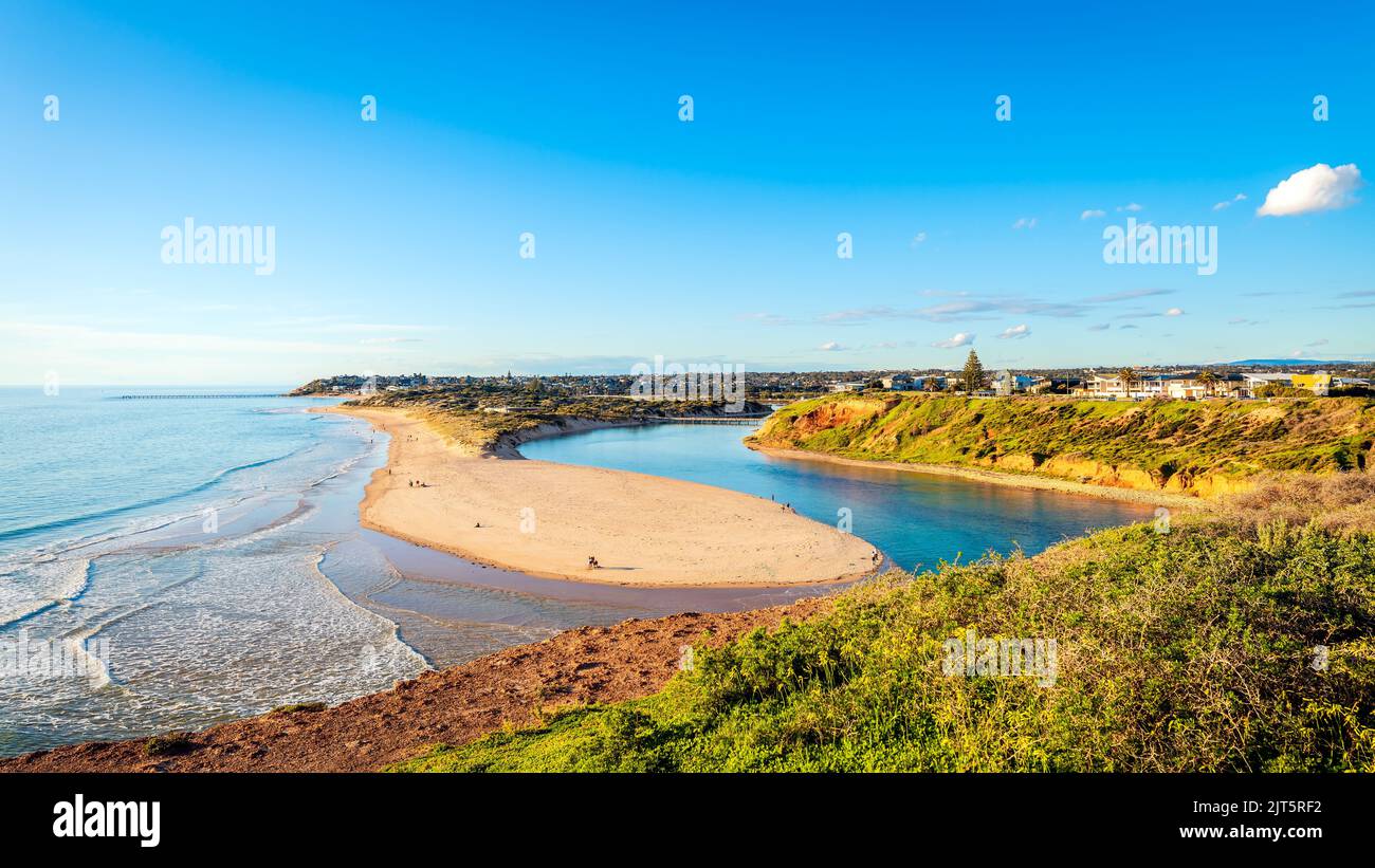 Port Noarlunga beach viewed across Onkaparinga River, South Australia Stock Photo