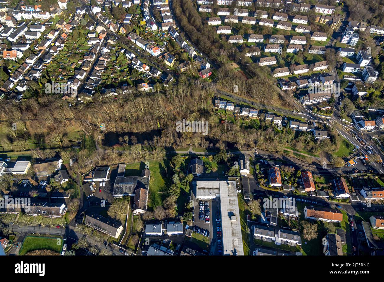 Aerial view, housing estate Grummer Teiche and forest area in the district Grumme in Bochum, Ruhr area, North Rhine-Westphalia, Germany, Bochum, Const Stock Photo