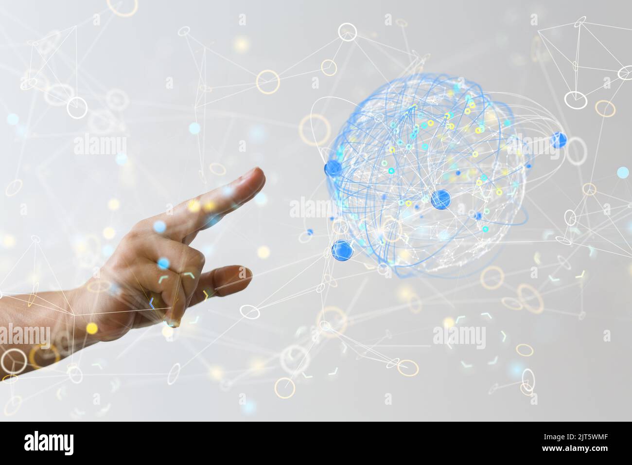 A 3D rendered global network hovering in mans hand Stock Photo - Alamy