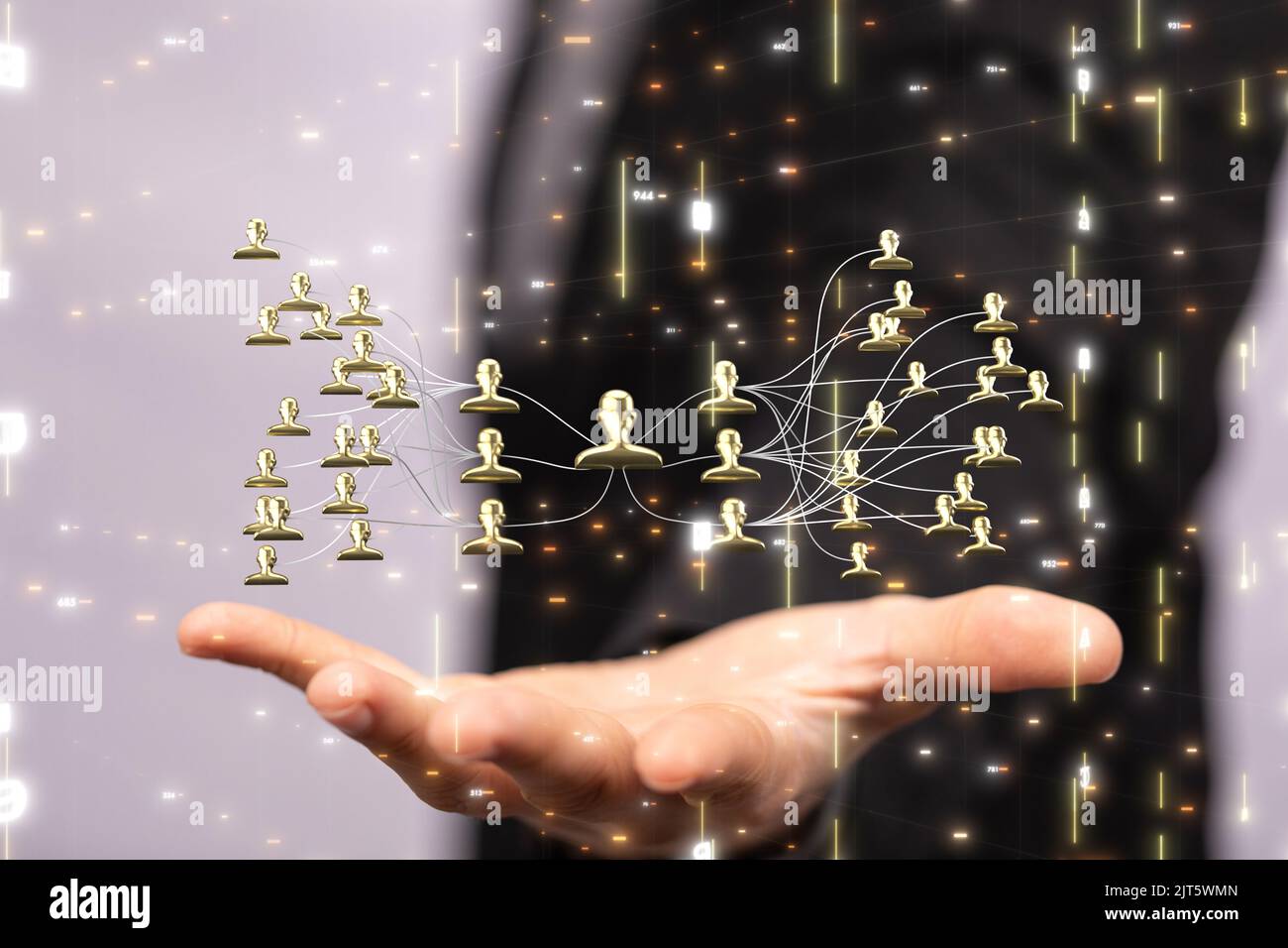 A 3D rendered global network hovering in mans hand Stock Photo - Alamy