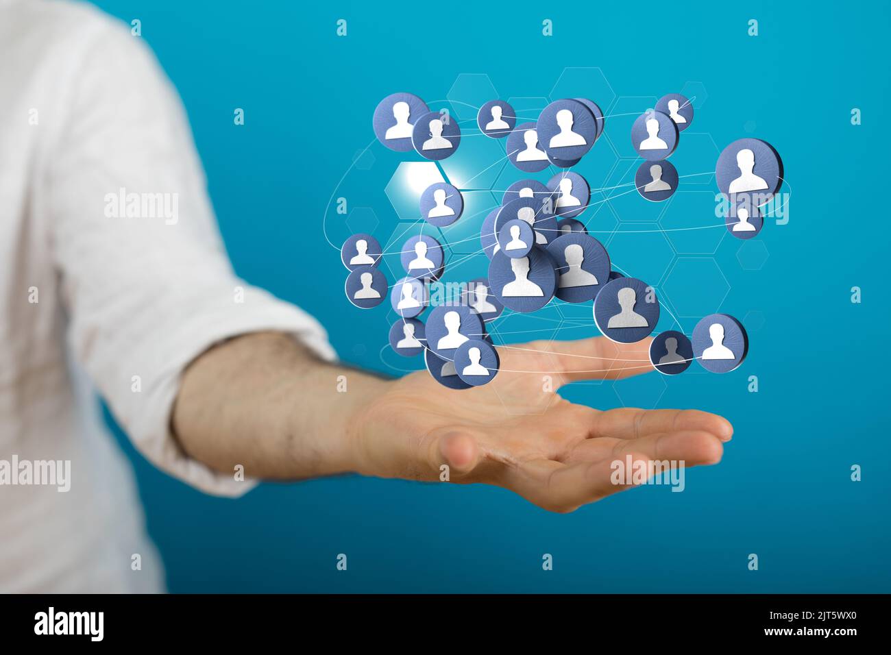 A 3D rendered global network hovering in mans hand Stock Photo - Alamy