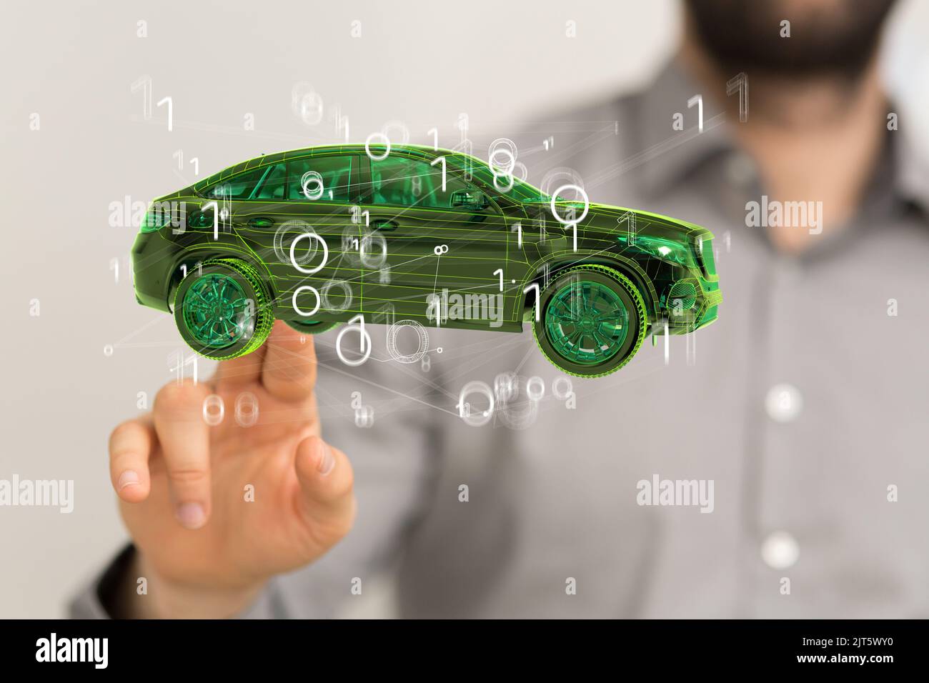 A 3D rendered car icon hovering in mans hand Stock Photo