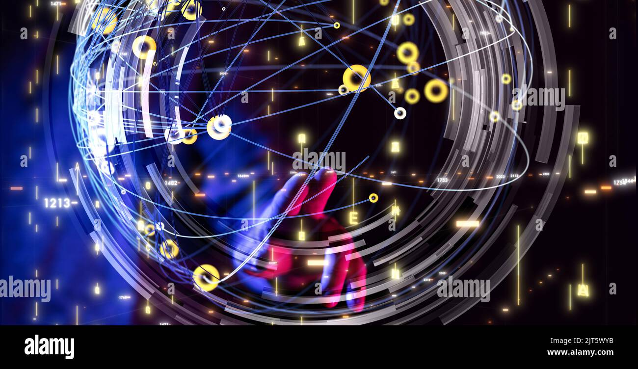 A 3D rendered global network hovering in mans hand Stock Photo - Alamy