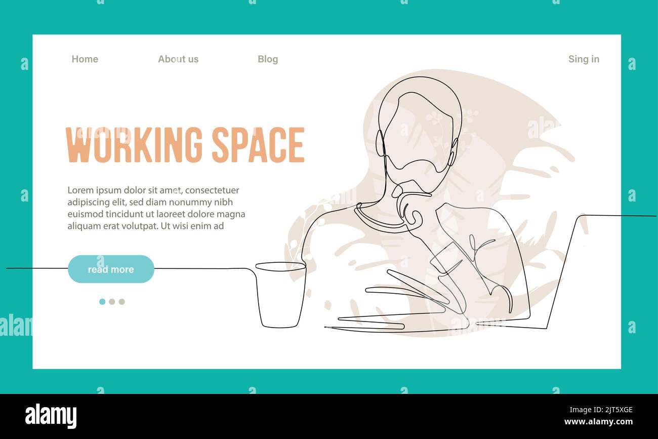 Coworking Space Landing Page Flat Cartoon Template. Freelancers Team Working Online on Laptop. Business People Sharing Open Workspace. Outline Vector Illustration Stock Vector