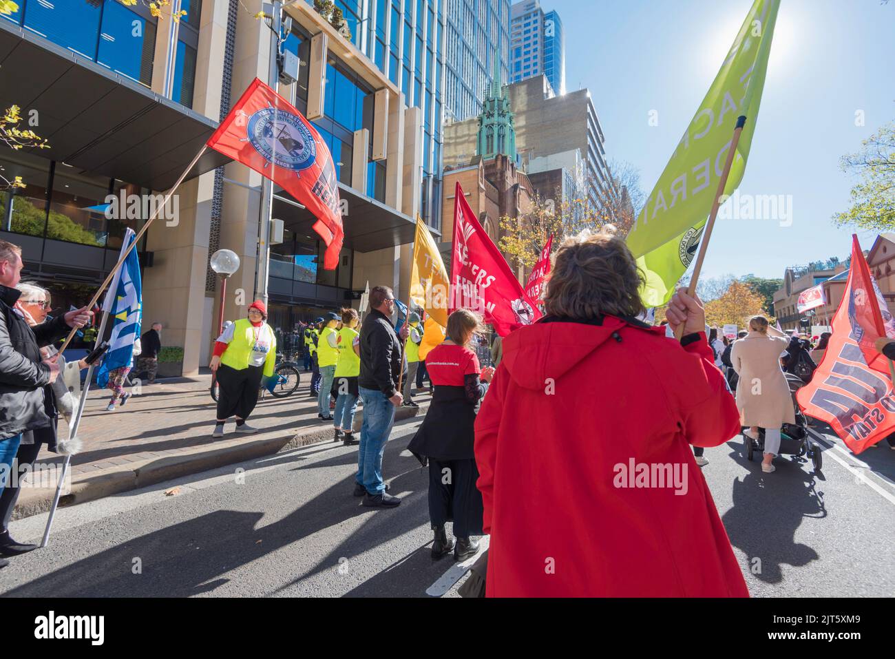 June 8th, 2022, Sydney, Australia: New South Wales Public Sector workers on a 24hr strike, marched on Parliament House in Macquarie Street, Sydney Stock Photo