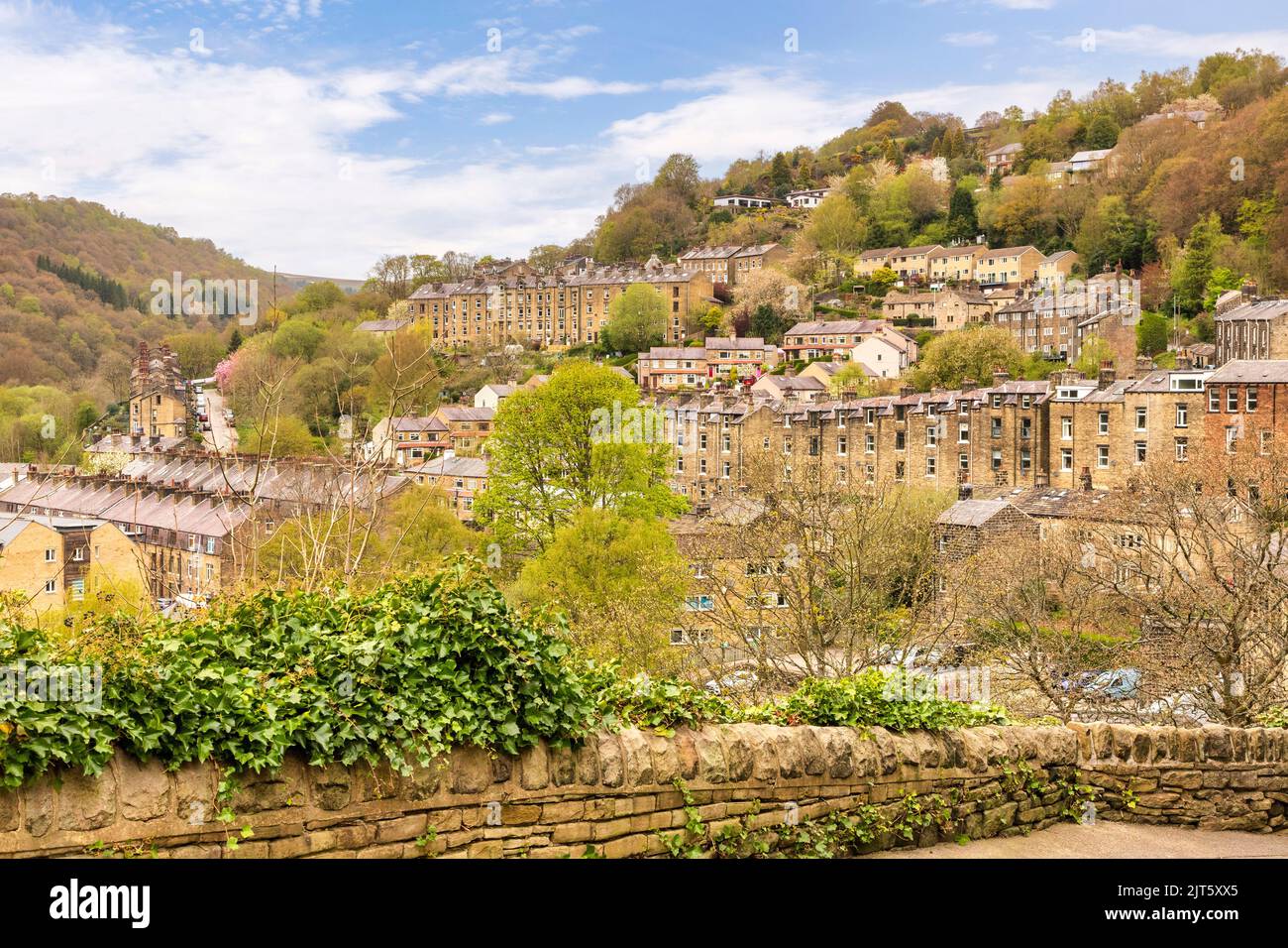 Hebden Bridge, West Yorkshire, UK - A view over the terraced houses of the beautiful Yorkshire mill town of Hebden Bridge, from a high viewpoint. Stock Photo