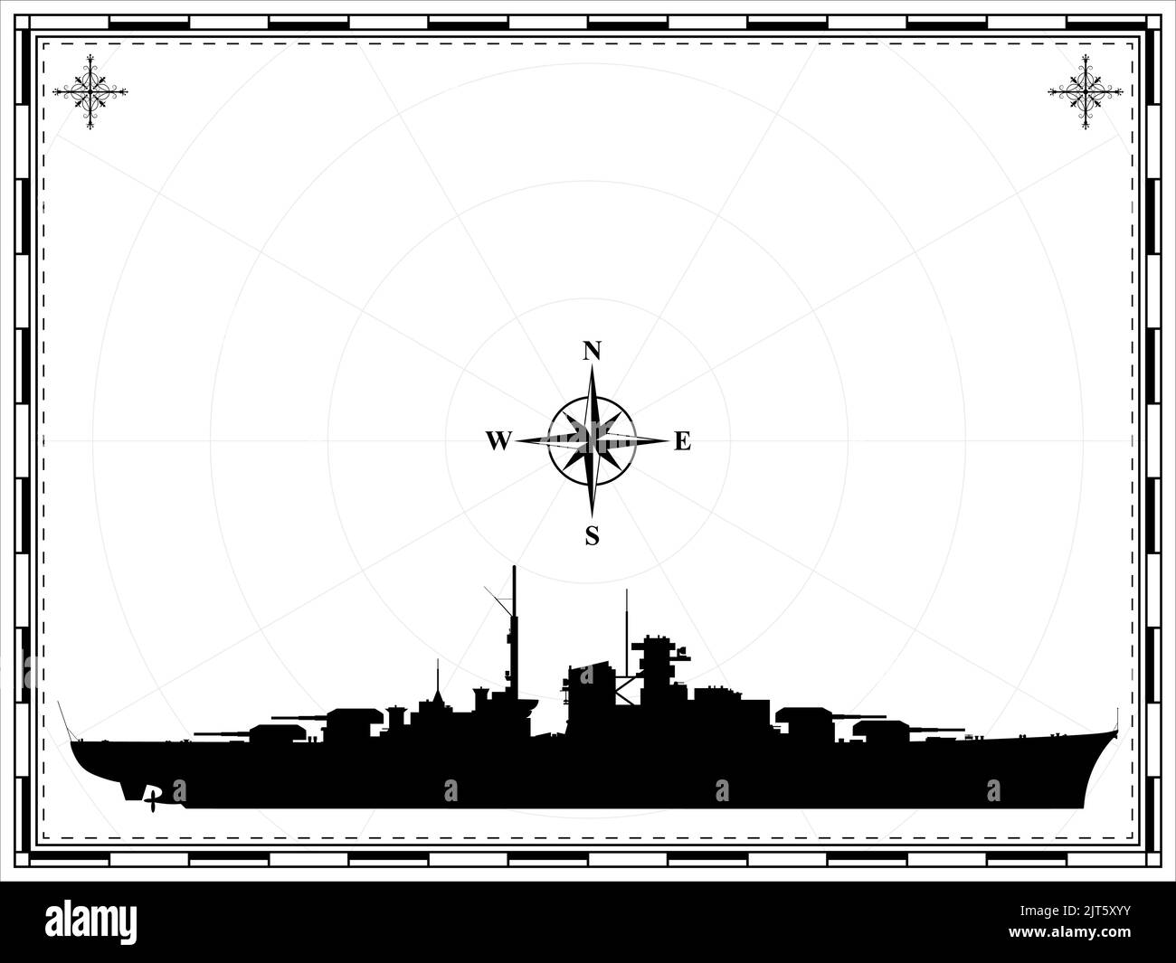 Military ship on the background of the map. Wind rose. Vector illustration. Stock Vector