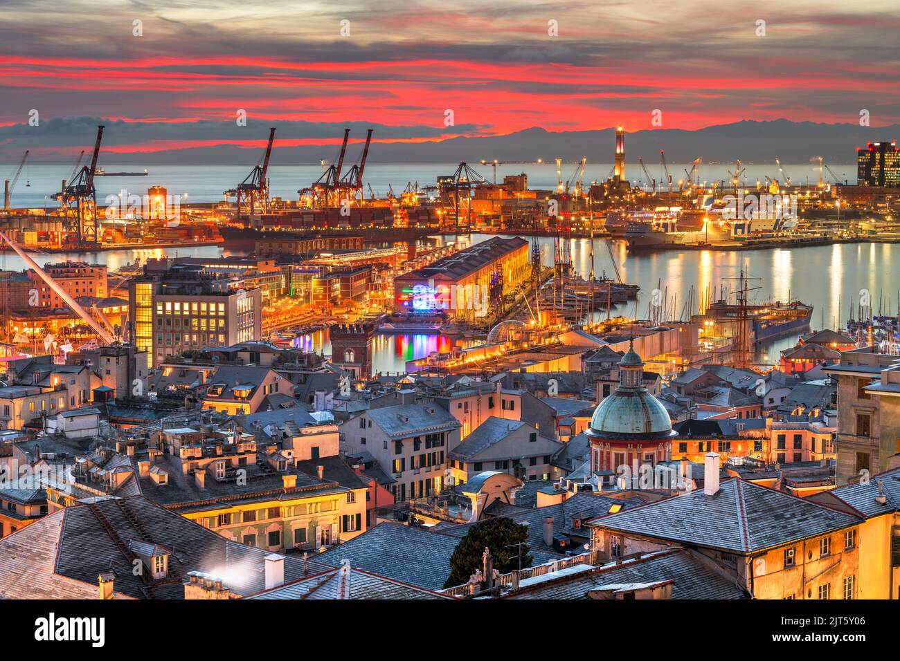 Genova, Italy downtown skyline on the port at dusk. Stock Photo