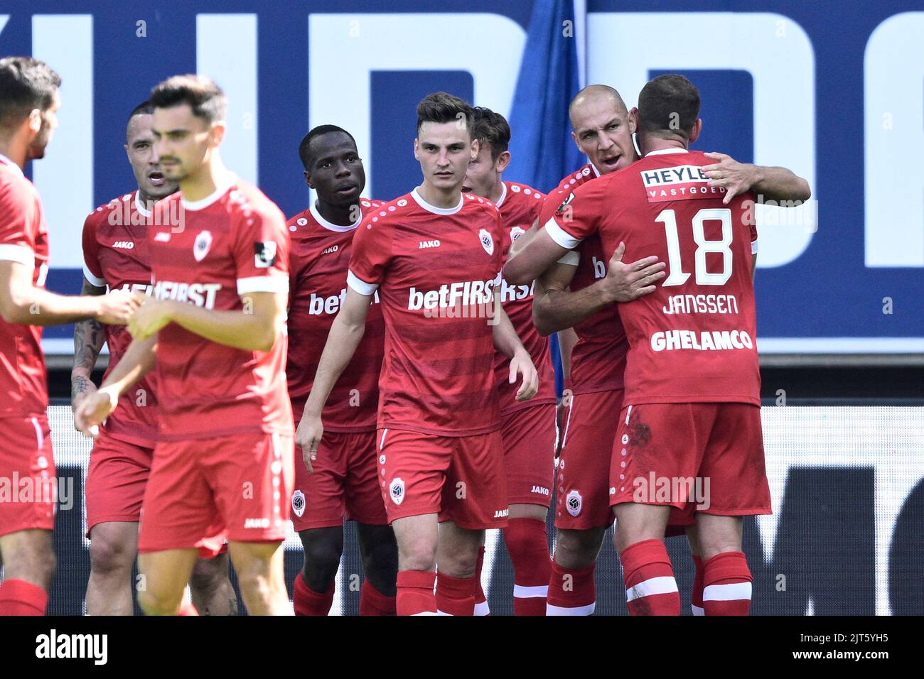 Antwerp's Michael Frey celebrates after scoring during a soccer match ...