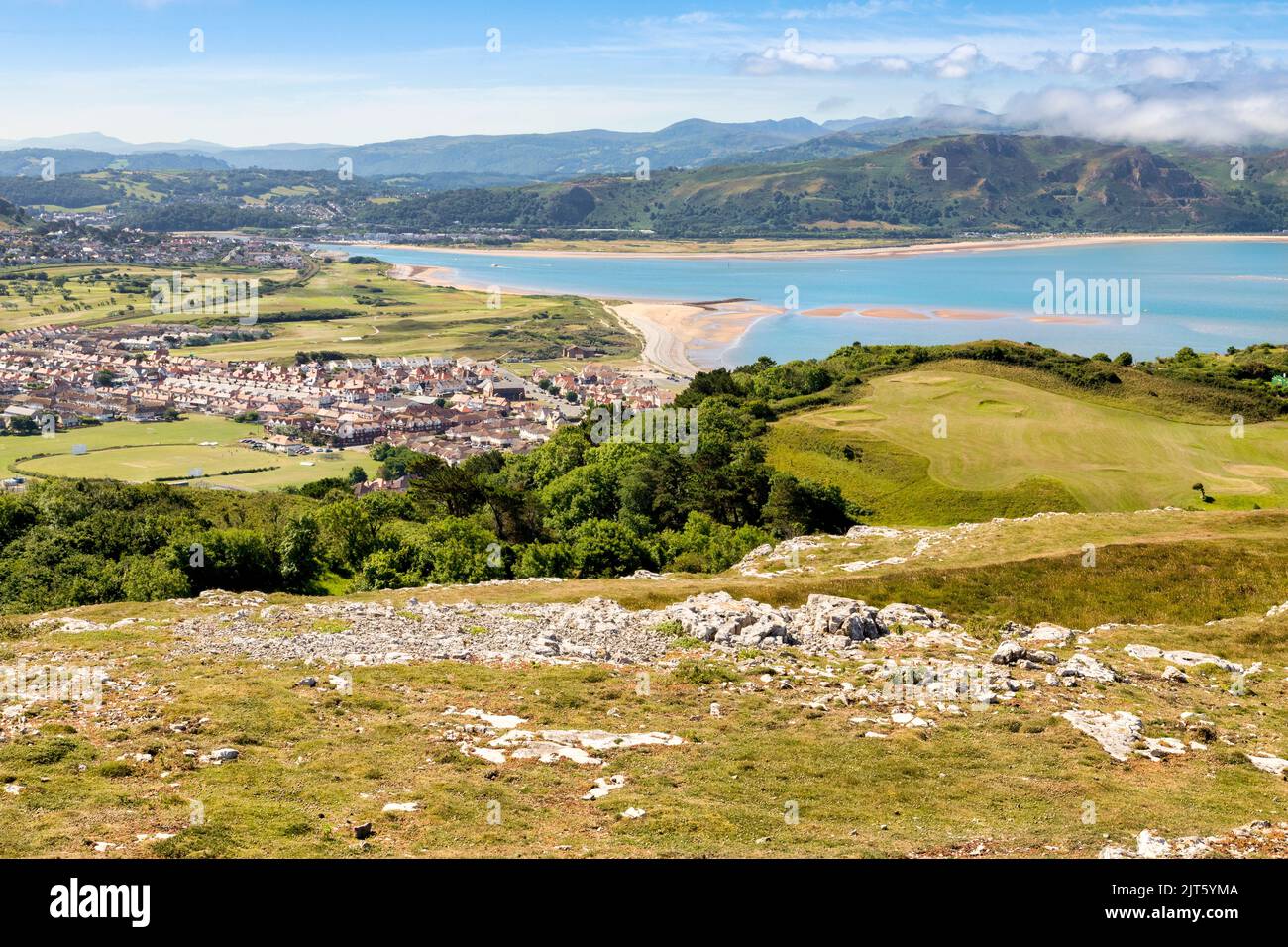 Llandudno West Shore from the Great Orme, with views over the cricket oval, golf course, beach, houses, the Conwy Estuary and the mountains of Snowdon Stock Photo