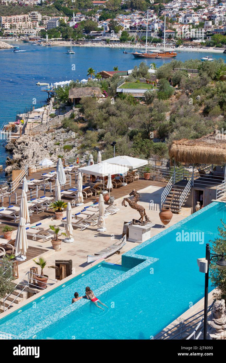 The Zest beach club with swimming pool ( foreground ) in the town of Kalkan, Turkey. July 2022 Stock Photo