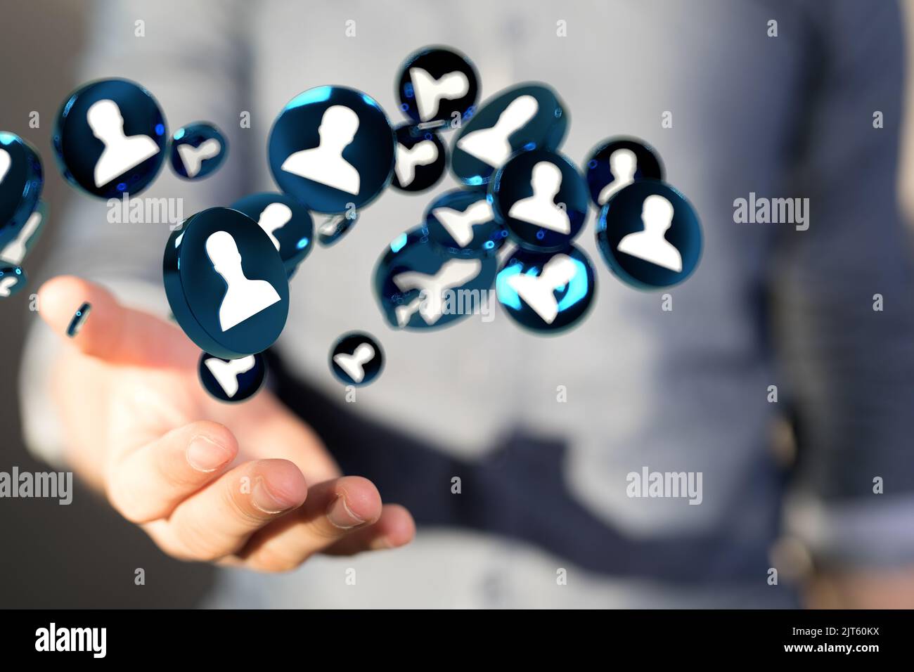 A 3D rendered global network hovering in mans hand Stock Photo - Alamy