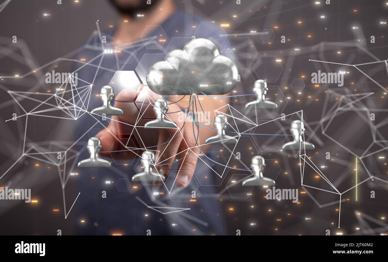 A 3D rendered global network hovering in mans hand Stock Photo - Alamy