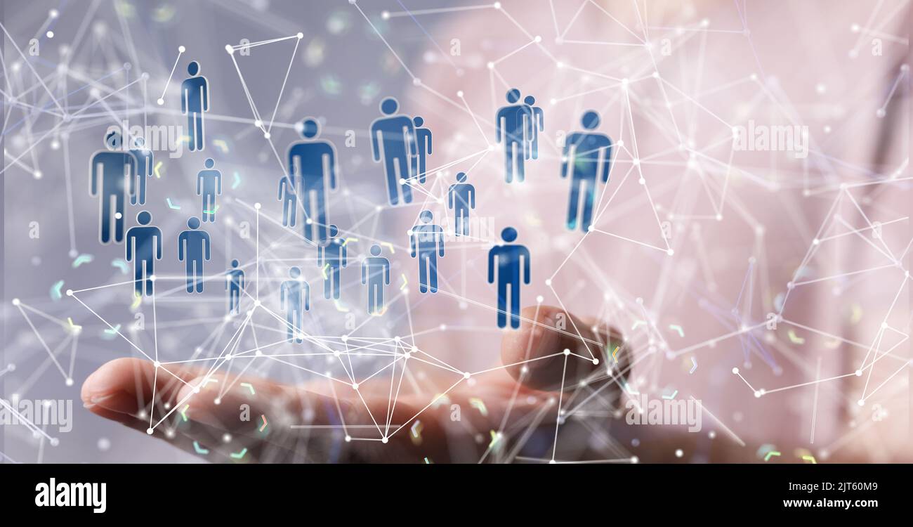 A 3D rendered global network hovering in mans hand Stock Photo - Alamy