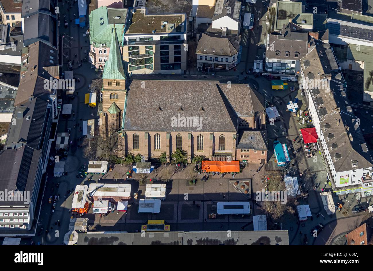 Aerial view, catholic church St. Cyriakus in the old town, Bottrop, Ruhr area, North Rhine-Westphalia, Germany, place of worship, City, DE, Europe, re Stock Photo