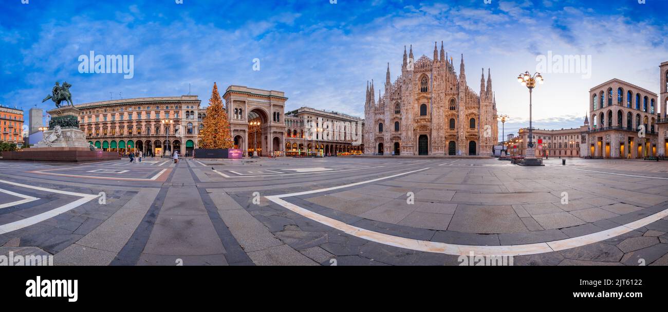 Milan, Italy at the Milan Duomo and Galleria during Christmas time at dawn. Stock Photo