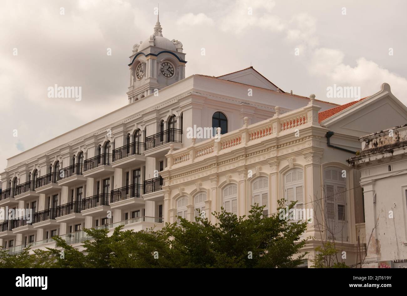 Old Colonial Buildings with Clock Tower, Georgetown, Penang, Malaysia, Asia Stock Photo