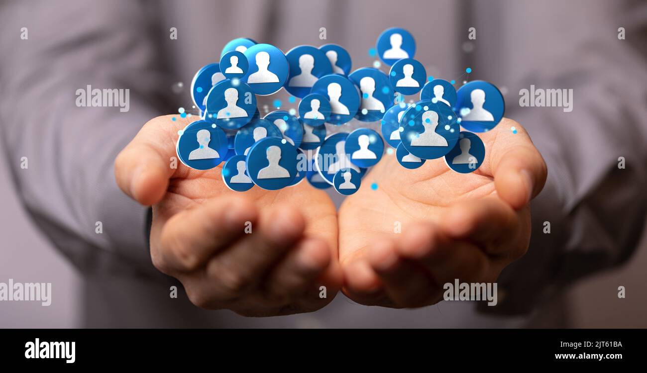 A 3D rendered global network hovering in mans hand Stock Photo - Alamy